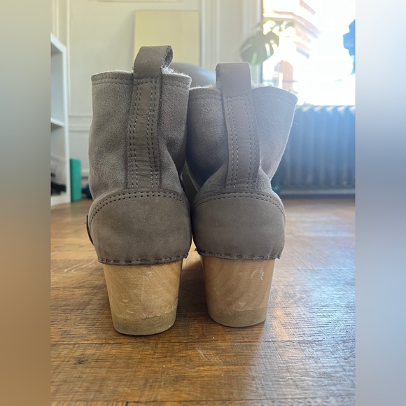 No.6 5" Pull On Shearling Clog Boot on Mid Heel in Grey Suede - Picture 2 of 14